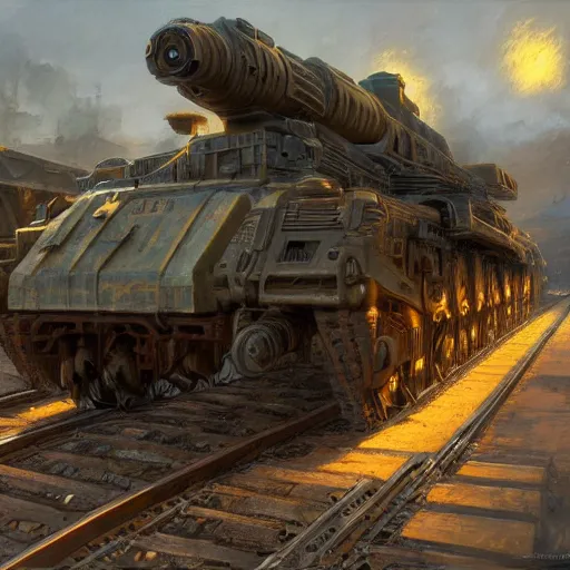 Prompt: Rail Gun Tank, detailed, centered, digital painting, artstation, concept art, donato giancola, Joseph Christian Leyendecker, WLOP, Boris Vallejo, Breathtaking, 8k resolution, extremely detailed, beautiful, establishing shot, artistic, hyperrealistic, beautiful face, octane render, cinematic lighting, dramatic lighting, masterpiece