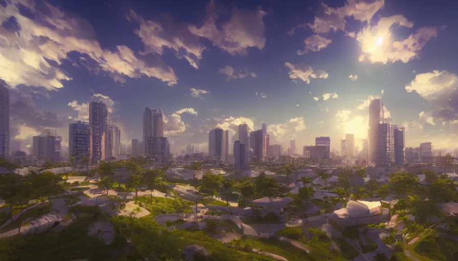 Image similar to bonifacio global city skyscape, serene evening atmosphere, soft lens, soft light, in the style of cgsociety, deviantart, artstation, zbrush, cinema 4 d, studio ghibli, akihiko yoshida, atelier lulua, masamune shirow