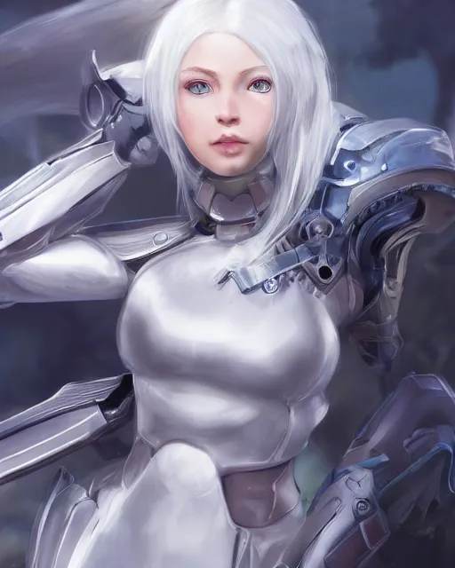 Image similar to perfect white haired girl, warframe armor, beautiful, dreamy, pretty face, blue eyes, portrait, detailed, windy weather, scifi, utopian architecture in the background, laboratory, 4 k, ultra realistic, aura of light, cinematic, high detail, masterpiece, art by akihito tsukushi, akasuki brightmind