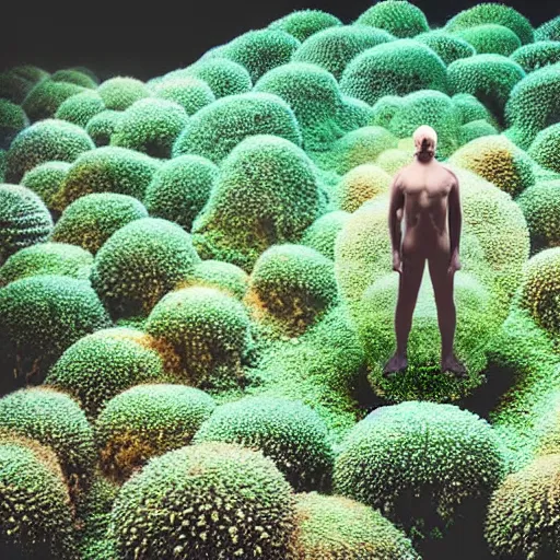 Image similar to A picture of a planet of various flowers, fungus and plants, Bonsai , in which the human figure is dressed in something magical and impressive, inside the picture is infinity, muted light, BotanicalAtmospheric phenomenon, artistic photography, muted colors, conceptual, Kodachrome