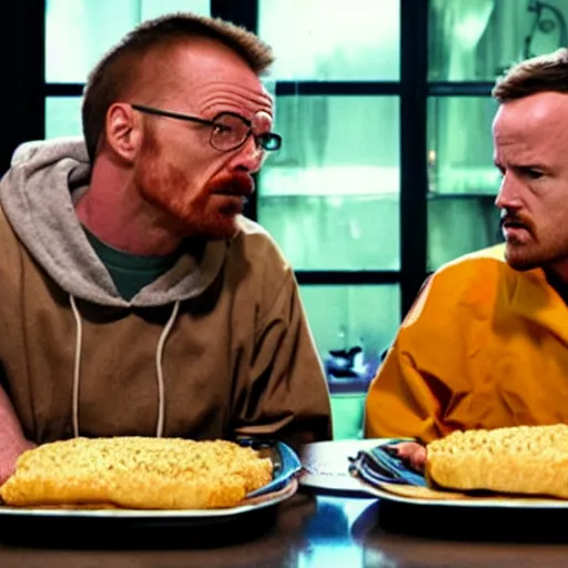 Image similar to walter white and jesse pinkman eating hamburger