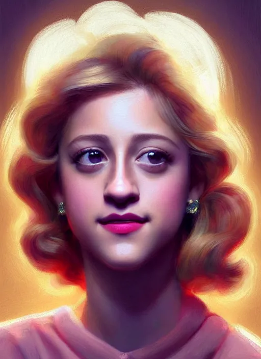 Image similar to portrait of lili reinhart with fluffy bangs, smiling kindly, bangs, 1 9 6 0 s, ponytail, curly bangs and ponytail, rounder face, intricate, elegant, glowing lights, highly detailed, digital painting, artstation, concept art, smooth, sharp focus, illustration, art by wlop, mars ravelo and greg rutkowski