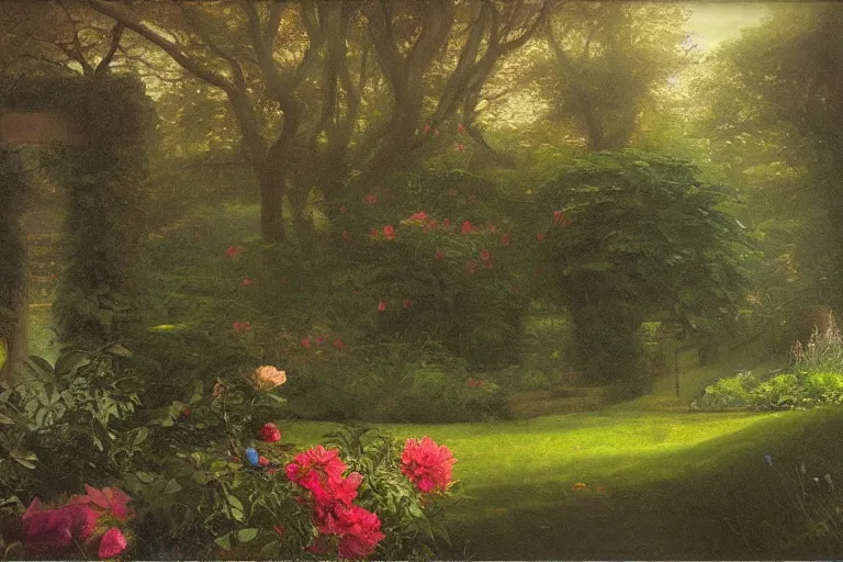 Prompt: secret garden, lush, floral, botanical, romanticism, dreamy, dark, moody, hudson river school