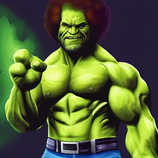 Image similar to photomanipulation of BOB ROSS as hulk, marvel, he is drawing a canvas