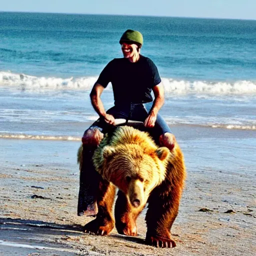 Image similar to jim carrey riding a bear on the beach