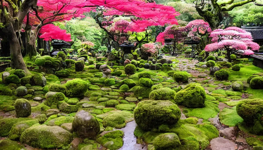 Image similar to A magical dreamy garden in front of a large temple in Kyoto Japan on a rainy day. Moss covered rocks, glowing lanterns, and flowers line a beautiful walking path leading to the temple in the center. Magic sparkles in the air, Style by Gucci and Wes Anderson,