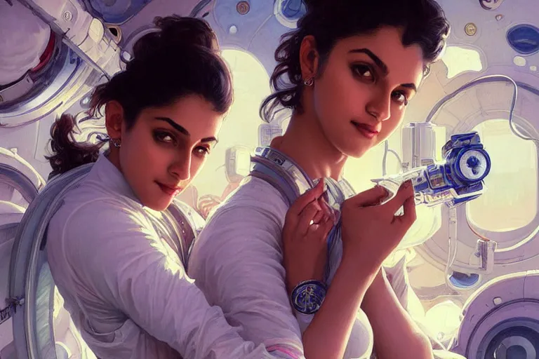 Image similar to Sensuous good looking pale young Indian doctors wearing jeans in a space station above Earth, portrait, elegant, intricate, digital painting, artstation, concept art, smooth, sharp focus, illustration, art by artgerm and greg rutkowski and alphonse mucha