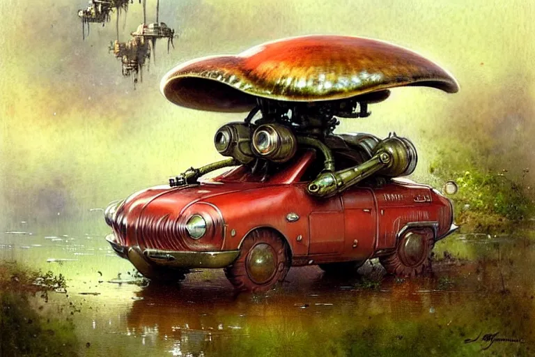 Image similar to adventurer ( ( ( ( ( 1 9 5 0 s retro future robot mouse amphibious vehical home. muted colors. swamp mushrooms ) ) ) ) ) by jean baptiste monge!!!!!!!!!!!!!!!!!!!!!!!!! chrome red