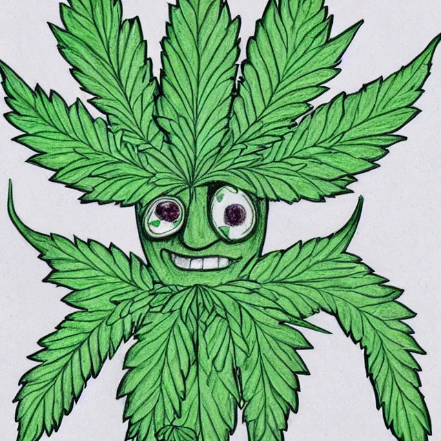 Prompt: cannabis leaf man with a face and arms and legs cartoon, colored pencil illustration