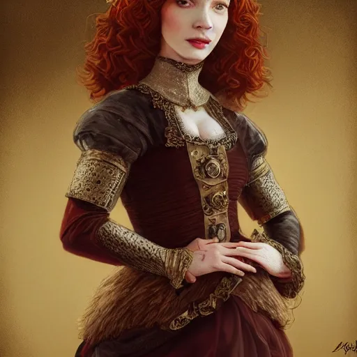 Prompt: a beautiful portrait of christina hendricks as a medieval noblewoman, fantasy, intricate, elegant, highly detailed, digital painting, artstation, concept art, matte, sharp focus, illustration, luminist and baroque style