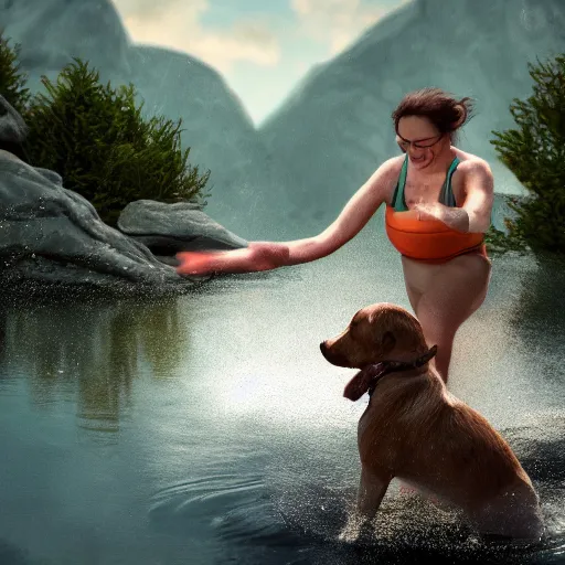 Image similar to photo of a woman jumping in a basin with a dog, gorgeous view, depth, high detail, trending on artstation