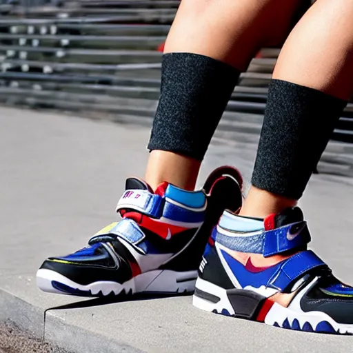 Prompt: retro futuristic Nike air trainer sneakers with straps by syd mead