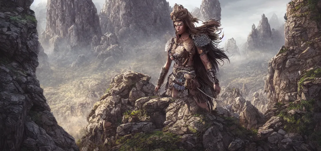 Image similar to highly detailed digital illustration of a warrior princess, surrounded by dense rock formations, high in mountains, cinematic lighting, photobash, raytracing, dark volumetric lighting