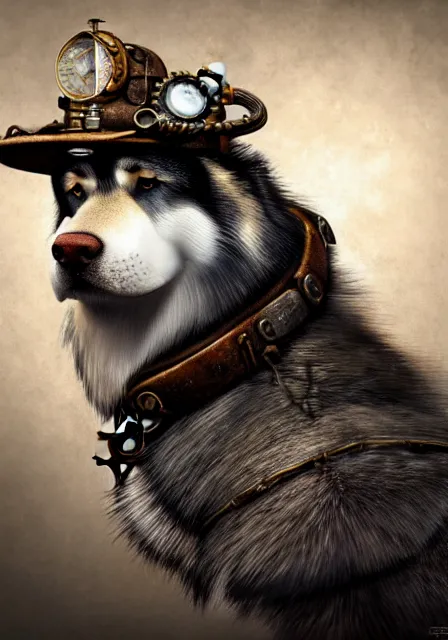 Image similar to hyper realistic ultra - detailed portrait of alaskan malamute face, steampunk hat with goggles and gears, upper body, detective coat, sharp focus, illustration, fantasy style, octane render, concept art, smooth, volumetric lighting, 8 k high definition, intricate, wide shot, by greg rutkowski, highly detailed, trending on art station