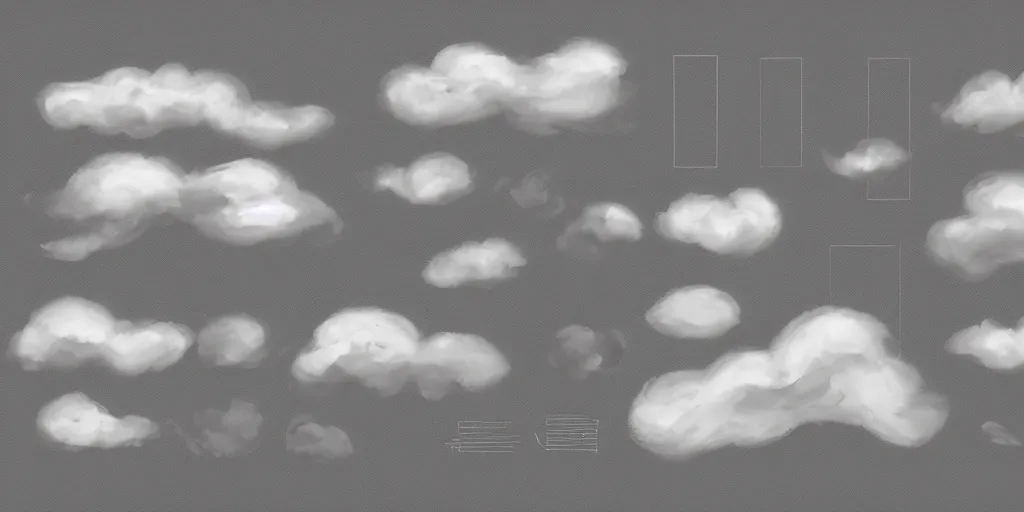 Prompt: asset sheet of various cloud brushes on simple black background, photoshop,