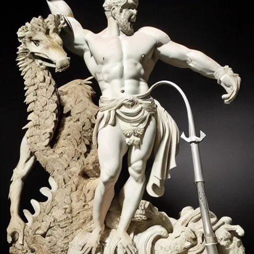 Image similar to The kinetic sculpture depicts the mythical hero Hercules in the moments after he has completed one of his twelve labors, the killing of the Hydra. Hercules is shown standing over the dead Hydra, his body covered in blood and his right hand still clutching the sword that slew the beast. His face is expressionless, betraying neither the exhaustion nor the triumph that must surely accompany such a feat. dark blue, cosmic nebulae by Ando Fuchs elegant
