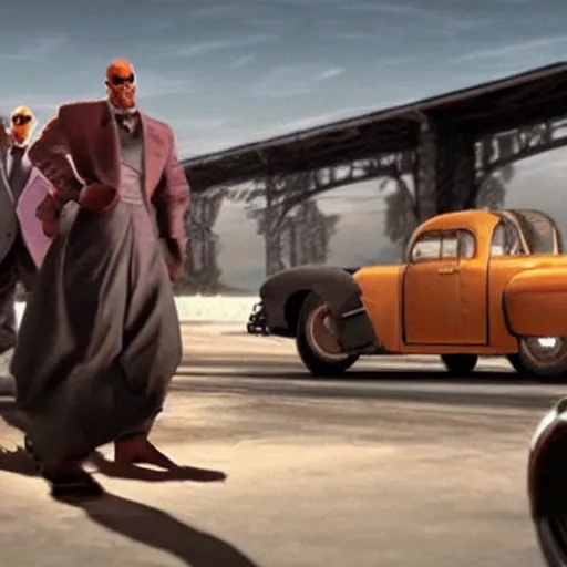 Image similar to a still from the movie casablanca crossover with the game twisted metal black