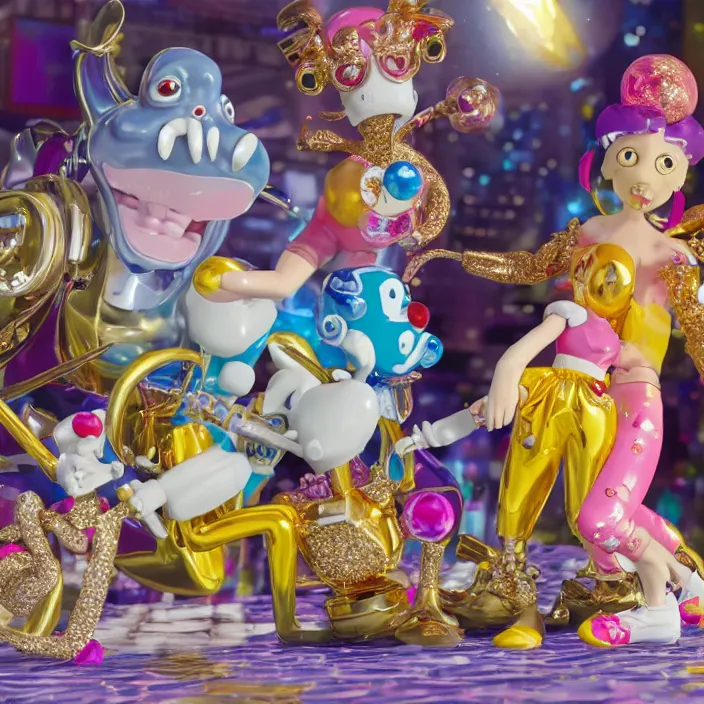 Image similar to jeff koons hip hop bauhaus style street sharks sailor moon wearing diamond grillz and a ton of bussdown iced gold bling in wallace & gromit strata - cut claymation, ultra realistic, concept art, intricate details, serious, highly detailed, photorealistic, octane render, 8 k, unreal engine, art by todd mcfarlane