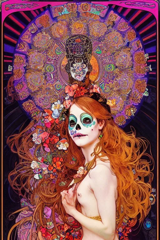 Image similar to realistic detailed psychedelic poster art of a cute Día de los Muertos girl by Victor Moscoso Rick Griffin Alphonse Mucha Ayami Kojima Amano Charlie Bowater, masterpiece