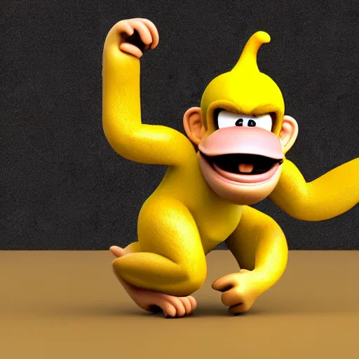 Image similar to Donkey Kong stepping on a banana, 3D render, detailed clay model