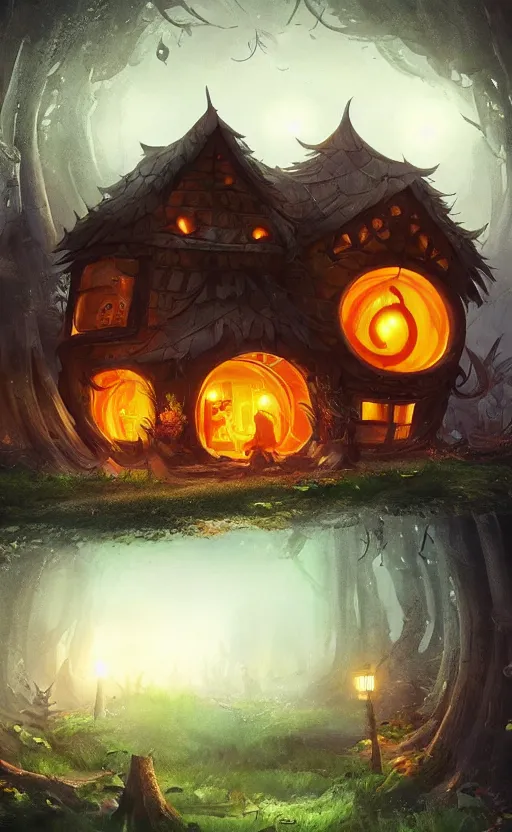 Image similar to a giant pumpkin house in the middle of a forest at night, the lights are on, dynamic lighting, photorealistic fantasy concept art, trending on art station, stunning visuals, creative, cinematic, ultra detailed