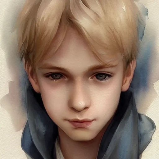 Image similar to young boy, blonde hair, happy eyes, smile, gorgeous, amazing, delicate, elegant, intricate, highly detailed, watercolor, portrait, artstation, concept art, sharp focus, illustration, art by charlie bowater and Ross tran