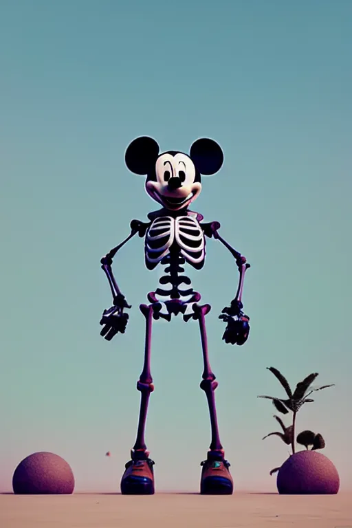 Image similar to a skeletal, botanical mickey mouse taking a giant robot for a walk by beeple, highly detailed, rendered in octane