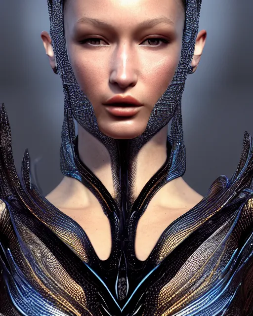 Image similar to a highly detailed metahuman 8 k close up render of bella hadid in iris van herpen dress in style of alex grey trending on artstation made in unreal engine 4