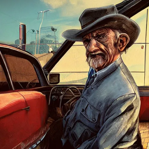 Image similar to highly detailed old man in car holding gun gta v art,, fantasy art by stephen bliss