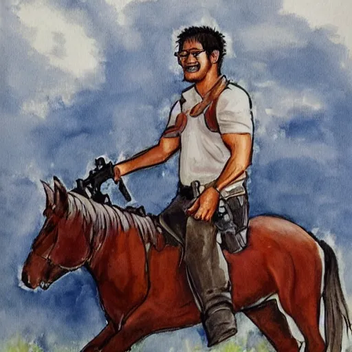 Prompt: markiplier with an AK-47 on a horse, detailed