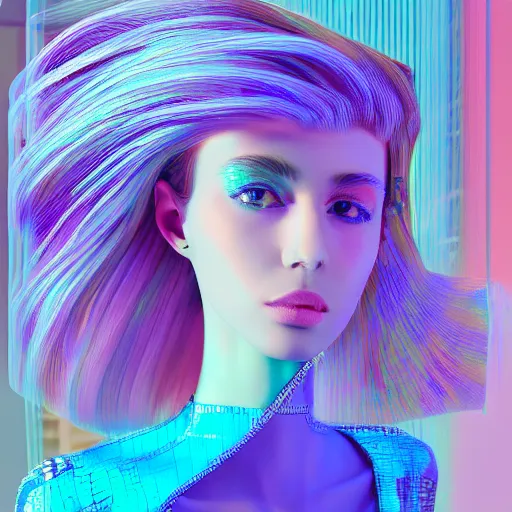 Prompt: a highly detailed and realistic concept art of model Gia in a vaporwave artwork composition, Windows98 logo, 8k, intricate, pastel colors