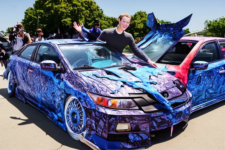 Image similar to mark Zuckerberg and his anime wrapped honda civic at a car show