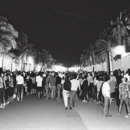 Image similar to a medium shot of a line of people outside of a trendy nightclub at midnight, palm trees on the street, directed by christopher nolan