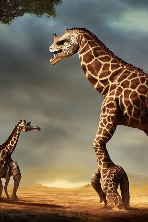 Prompt: a matte painting of a T-Rex with a head of a giraffe, the T-Rex has wings, the T-Rex has a little child, very detailed, 8k