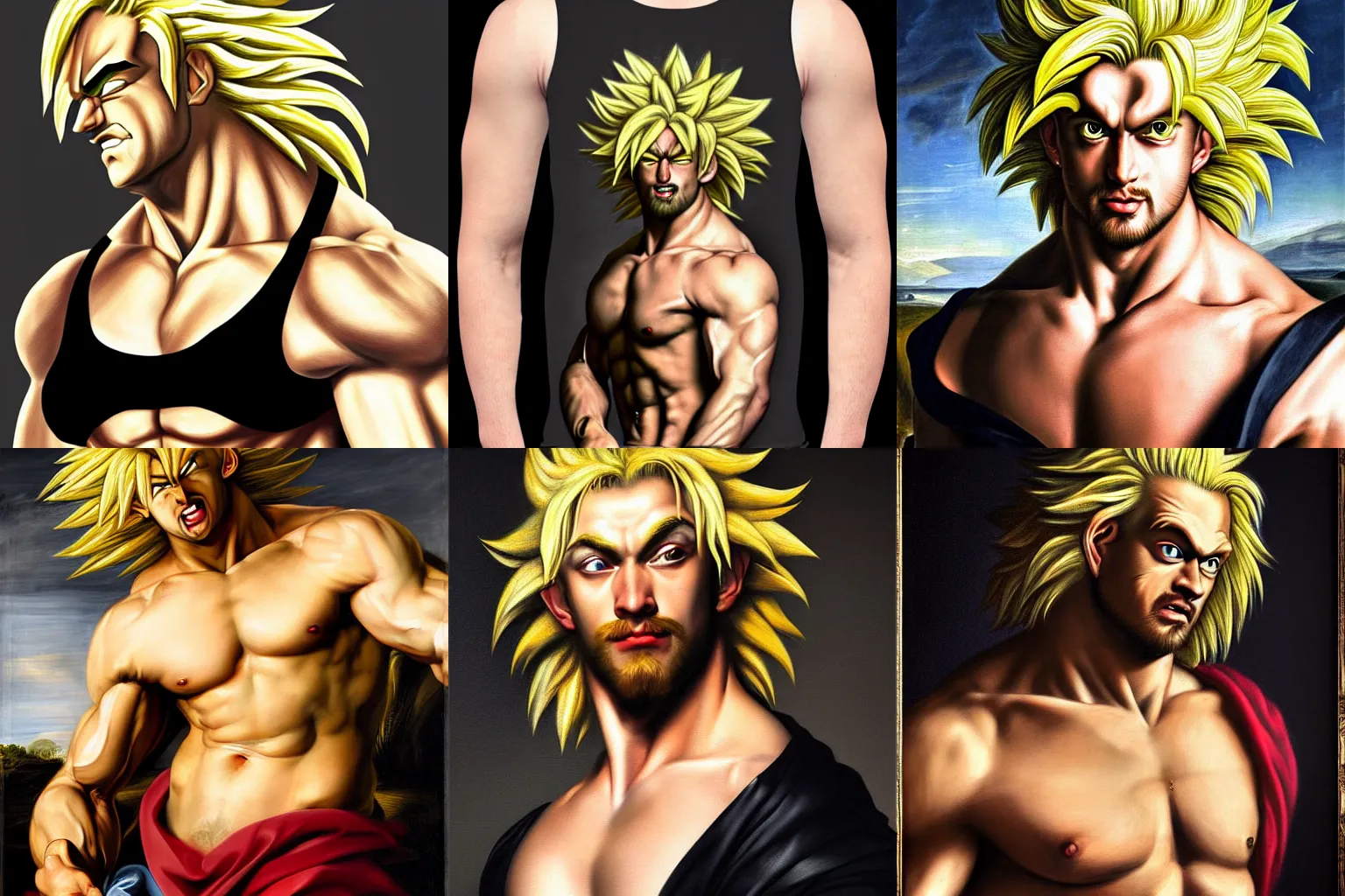 Prompt: handsome blond broly by peter paul rubens and caravaggio 4k artstation hyperdetailed beautiful painting, long blond hair, black tank top, staring at the viewer, photorealistic