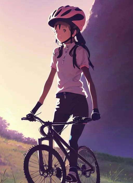 Image similar to portrait of cute girl riding mountain bike, sunny sky background, downhill landscape, illustration concept art anime key visual trending pixiv fanbox by wlop and greg rutkowski and makoto shinkai and studio ghibli and kyoto animation, symmetrical facial features, sports clothing, mountain bike helmet, backlit