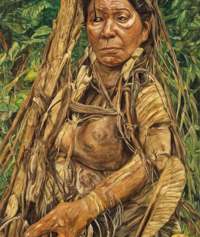 Image similar to indigenous woman warrior in the forest, painted by lucian freud, hd, super detailed, realistic, muted colors