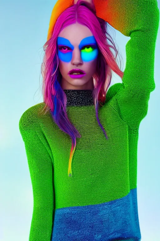 Image similar to stylish pullover for a rave bright colors, many details, photo for a magazine, photo for a store, fashion photography, Vogue, cinematic, hyper realism, high detail, 8k, very coherent symmetrical work, perfect face model, full length photo, Upper and lower body,Soft shadows on the face, white eyes, photographer style by Nik Night Erik Madigan Hec and Walter Chin and Camilla Akrans and Miles Aldridge