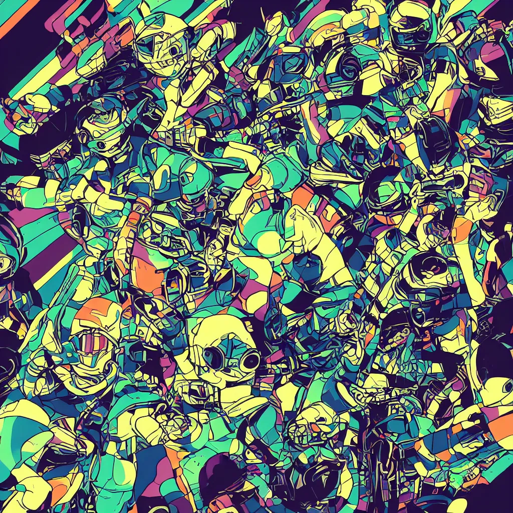 Image similar to people wearing helmets, ryuta ueda artwork, jet set radio artwork, stripes, gloom, space, cel - shaded art style, broken rainbow, data, minimal, speakers, code, cybernetic, dark, eerie, cyber