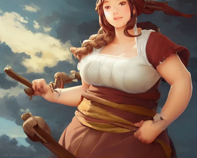 Prompt: beautiful portrait of a rotund female blacksmith, character design by sandro botticelli, ross tran, artgerm, and makoto shinkai, highly detailed, soft lighting