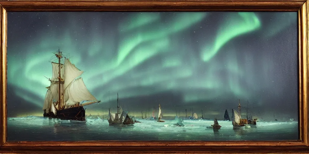 Image similar to “ an 1 8 0 0 s sail ship sailing in arctic waters, ice floating in water, nighttime, aurora borealis, oil painting ”