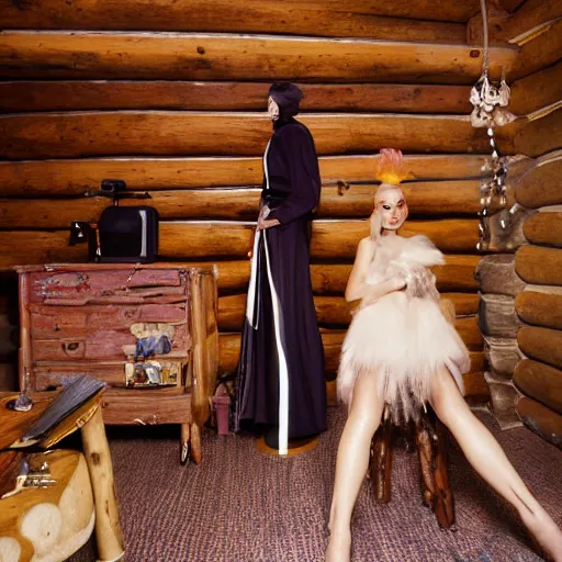 Prompt: medium format photograph of a surreal fashion shoot in a log cabin, camera flash