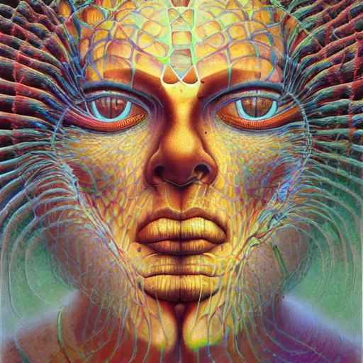 Prompt: An artificial intelligence having an ego trip under lsd, by alex grey, by Esao Andrews and Karol Bak and Zdzislaw Beksinski and Zdzisław Beksiński