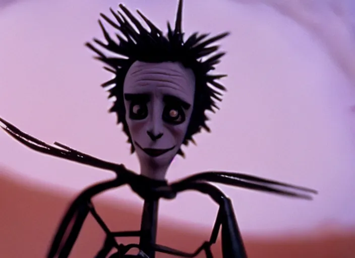 Prompt: cinematic screenshot cinestill portrait of a stop motion claymation film, edward scissorhands, in focus, shallow depth of field, 1 8 mm, f 1. 8, sharp details