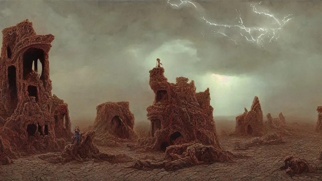 Image similar to desert, Ruin with giant statues and dead snakes, singular lightning, very heavy clouds , sharp, digital art by Zdzisław Beksiński , Ruan Jia, Rudolf Béres
