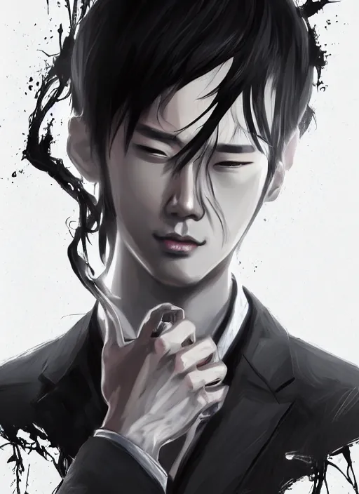 Image similar to a highly detailed illustration of attractive korean man with black hair wearing shirt and tie with giant black mist claws, wielding giat black mist claws pose, tired expression, black mist background, intricate, elegant, highly detailed, centered, digital painting, artstation, concept art, smooth, sharp focus, league of legends concept art, wlop.