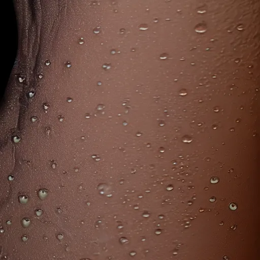 Prompt: water droplets on wet human skin, caucasian, closeup photo, hyper detailed, 4 k, 8 k, dark lighting, texture detail, moisture, sharpened