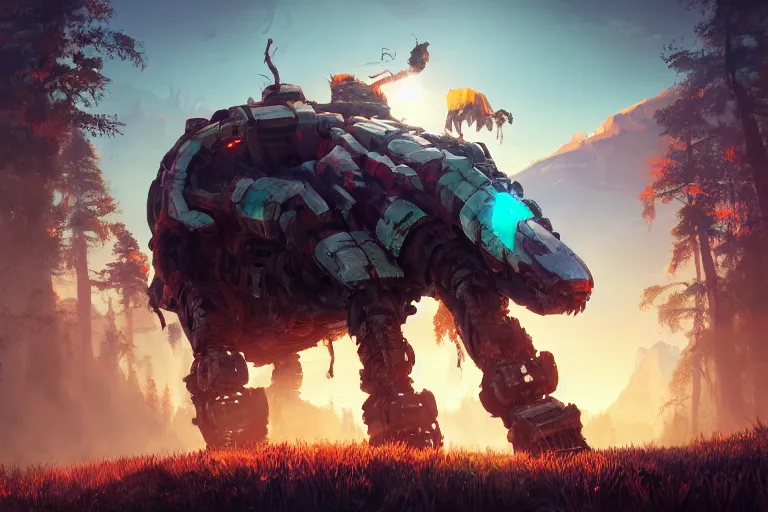 Image similar to tremortusk machine mecanical creature robot of horizon forbidden west horizon zero dawn radiating a glowing aura global illumination ray tracing hdr fanart arstation by ian pesty and alena aenami artworks in 4 k