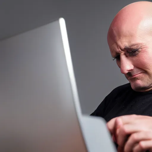 Prompt: crying sad hairless bald man crying at his computer with twitter open in the background, professional photo