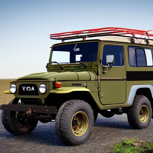 Image similar to in the style of Leonardo da Vinci a Toyota Fj43 build in 1981, black roof, with a roof rack, detailed, 8K, octane render, 8K,